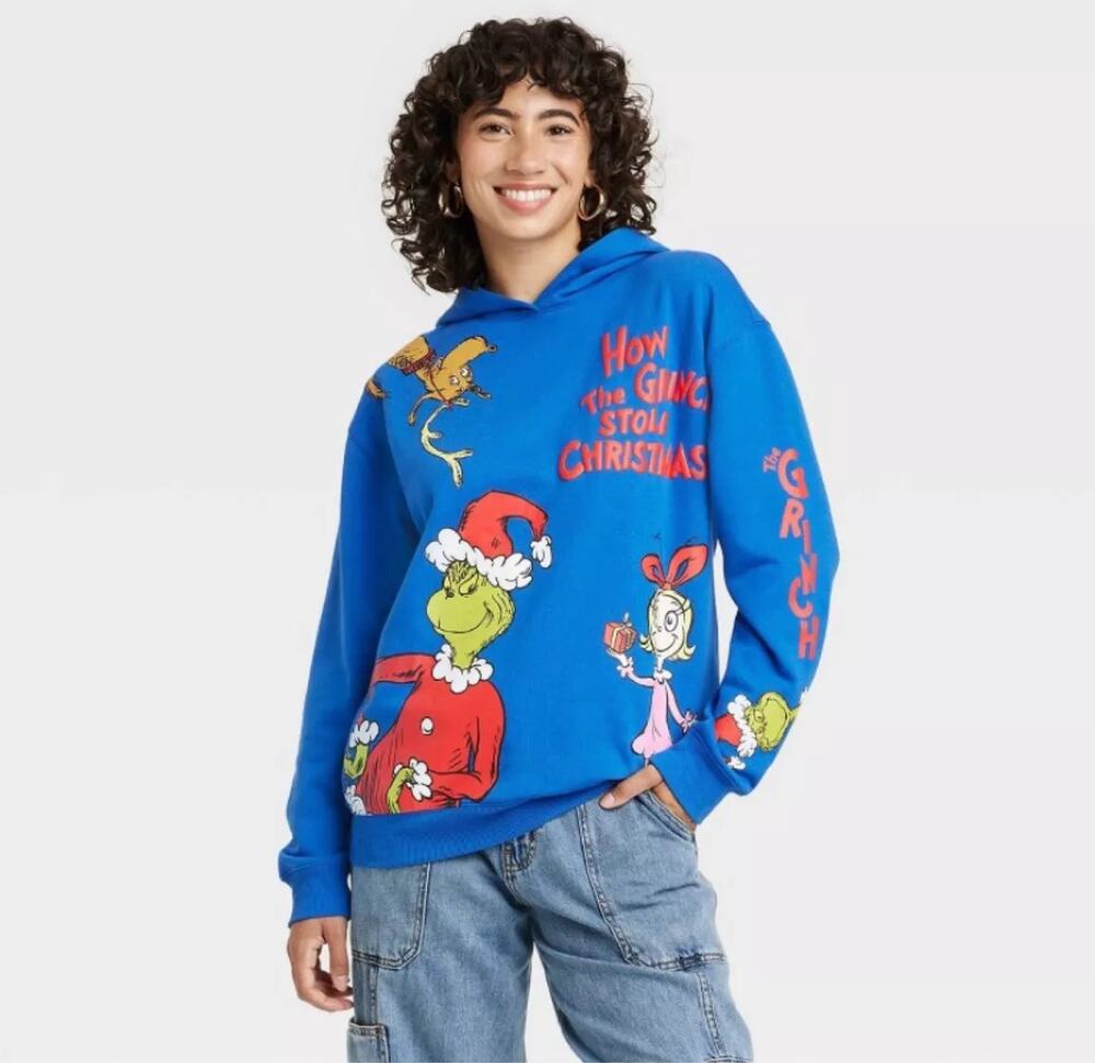The Grinch Dr. Seuss Women's Blue Graphic Print Hoodie Hooded Sweatshirt Top M